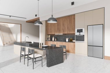 Ahşap dolaplar, granit ada ve tezgahlar, modern aletler ve bar tabureleri olan çağdaş bir mutfak. Minimalist tasarım konsepti. 3B Hazırlama.