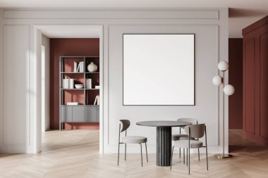 Elegant dining room with a round table, chairs, and floor lamp, neutral tones, minimalistic style, wooden floor, and bookshelf on a red accent wall. 3D Rendering. clipart