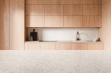 Arka planda bulanık modern mutfak, ahşap dolaplar ve yumuşak ışıklandırmayla odaklanmış hafif taş tezgah. Ürün sunumu kavramı. 3B Hazırlama.