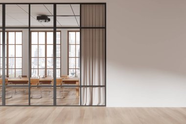 Cam bölmeli, ahşap zeminli ve boş beyaz duvarlı zarif ofis alanı. Büyük pencerelerden gelen doğal ışık. Model ya da tasarım şablonu için ideal. 3B Hazırlama.