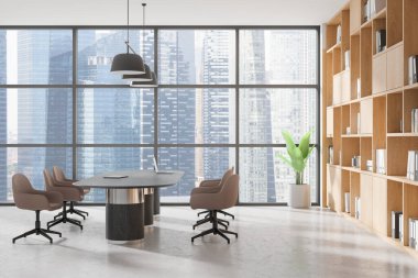 Konferans masası, sandalyeler, ahşap kitaplık, büyük pencerelerden şehir manzarası ve modern ışıklandırma kavramının yer aldığı çağdaş ofis alanı. 3B Hazırlama.