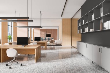 Ahşap masaları, sandalyeleri ve rafları olan, geniş pencereli, parlak bir odaya kurulmuş modern açık planlı bir ofis. Çağdaş kavram. 3B Hazırlama