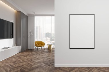 Beyaz duvarda boş poster bilgisayarı, ahşap ringa kemiği zeminli modern iç mekan, sarı sandalye ve şehir manzaralı geniş pencere, şablon ekran konsepti. 3B Hazırlama.