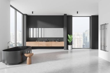 Pürüzsüz bir küvet, ahşap kibir, yeşil bitki ve şehir manzaralı panoramik pencereli geniş bir banyo. Minimalist tasarım konsepti. 3B Hazırlama.