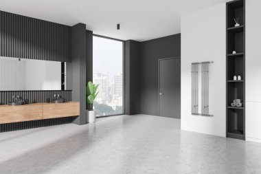 Ahşap kibir, gri aksanlı, şehir manzaralı büyük cam pencereli ve minimalist dekorlu çağdaş banyo. Modern tasarım kavramı. 3B Hazırlama.