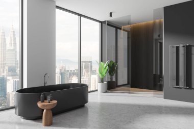 Şık banyo, ahşap aksanlı, minimalist dekor, panoramik pencereler şehrin ufuk çizgisine bakıyor, modern iç mekan kavramı. 3B Hazırlama.