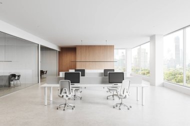 Open office space with work desks, chairs, computers, bright natural light, glass partitions, minimalist interior design concept, 3D Rendering clipart