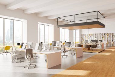 Masaları, sandalyeleri, rafları ve geniş pencereleri olan, parlak, minimalist bir iç mekanı olan geniş, modern bir çalışma odası. İş yeri kavramı. 3B Hazırlama.