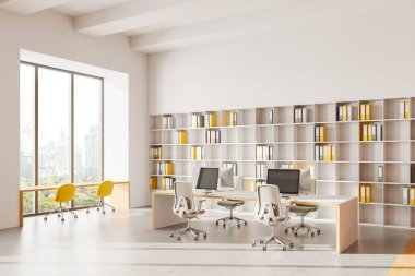 Geniş modern ofis içi masalar, ergonomik sandalyeler, bilgisayarlar, büyük pencereler ve modern tasarım konseptinde organize raflar. 3B Hazırlama.