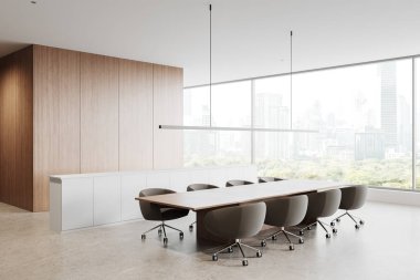Ahşap bir masa, şık sandalyeler, ahşap paneller ve geniş pencerelerden manzaralı modern bir konferans odası. 3B Hazırlama