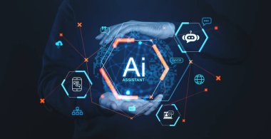 Dijital holografik arayüz yapay zeka asistanı metnini koyu arkaplanda fütürist simgeler ve parıldayan elementlerle gösteriyor. Teknoloji kavramı