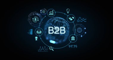 Dünya, tokalaşma ve analitik gibi simgelerle aydınlanmış iş dünyası kavramı koyu bir arka planda tasvir edilmiş, modern teknoloji ve yeniliği sembolize ediyor. 3B Hazırlama.