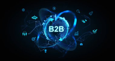Dijital simgelerle çevrili parlak B2B metni ve koyu arkaplanda neon mavisi, fütürist tarzda bir dünya. İş teknolojisi kavramı. 3B Hazırlama.