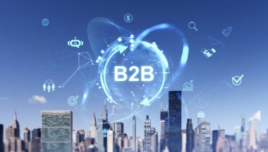 New York silueti üzerinde parlayan dijital simgelerle iş dünyası konsepti, teknoloji, pazarlama ve dijital ağ başarısını vurguluyor