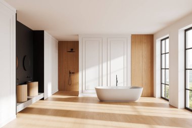 Modern banyo, beyaz bir küvet, ahşap aksanlar, eşyalar ve büyük pencereler. Sıcak tonlar, minimalist konsept. 3B Hazırlama