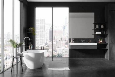 Serbest banyo küveti, minimalist dekorasyonu ve geniş pencereleri olan şık bir banyo. Canlı bir şehir manzarası, 3 boyutlu görüntüleme, lüks konsepti.