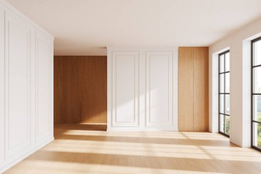 Ahşap duvarları, beyaz panelleri, geniş pencereleri ve ahşap zeminde güneş ışığı olan modern minimalist bir oda. Sıcak tasarım konsepti. 3B Hazırlama