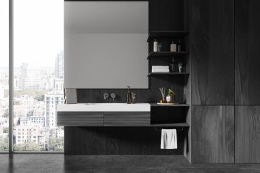 Yüzen lavabosu, rafları ve modern dekoru olan minimalist bir banyo. Şehir manzarasına karşı kurulmuş. Üç boyutlu görüntüleme. Lüks yaşam kavramı