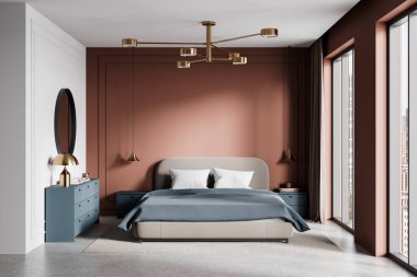 İçinde bej bir yatak odası, mavi şifonyer, altın aksanlar ve sıcak terracotta duvarları olan zarif bir yatak odası. Beton zeminde modern bir dekor. Lüks kavramı. 3B Hazırlama.