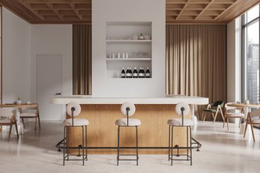 Zarif bir kafenin içinde minimalist mobilyalar, ahşap paneller, tarafsız tonlar, tabureler ve doğal ışık. 3B Hazırlama