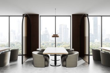 Masaların etrafında rahat yuvarlak sandalyeler, nötr tonlar, şehir manzaralı geniş pencereler ve yeşillik manzaralı modern yemek alanları. Zarafet kavramı. 3B Hazırlama.