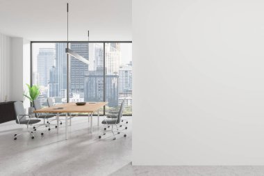 Boş beyaz duvarı, modern mobilyaları, geniş pencereleri ve şehir manzarası olan boş bir ofis. Minimalist tasarım. Çalışma alanı kavramı. 3B Hazırlama.