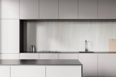 Minimalist beyaz dolapları, şık tezgahları, metal musluğu ve nötr arka kapağı olan modern mutfak. 3B Hazırlama