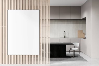 Modern bir mutfak içinin yanında dikey ahşap bir duvarda boş çerçeveli bir poster. Nötr tonlu minimalist estetik. Tasarım konsepti. 3B Hazırlama.