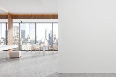 Boş beyaz duvarlı lüks bir iç mekan, büyük cam pencereler şehir manzarası, beton döşeme ve minimalist mobilyalar sergiliyor. Şablon konsepti. 3B Hazırlama.