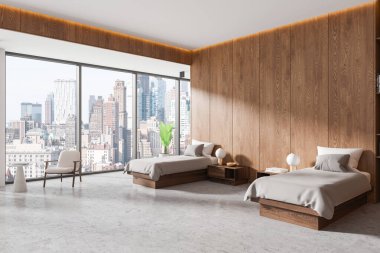 Ahşap duvar panelleri, çift kişilik yataklar ve modern dekorlarla donatılmış zarif bir yatak odası. Büyük pencereler şehrin ufuk çizgisini gösteriyor. Minimalist lüks konsept. 3B Hazırlama.