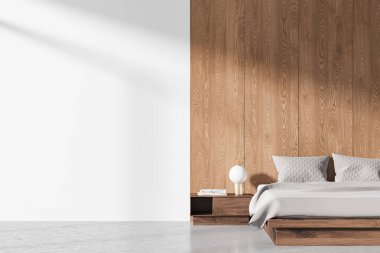 Minimalist yatak odası, beyaz boş duvar, ahşap aksanlı paneller, modern mobilyalar ve arka planda dekorasyon. Samimi iç mekan kavramı. 3B Hazırlama.