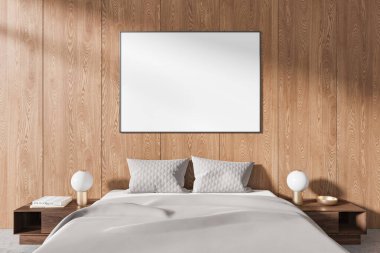 Konforlu bir yatak odasında asılı boş bir poster, ahşap bir duvar, modern bir yatak ve şık sehpalar. Zarif iç tasarım konsepti. 3B Hazırlama.