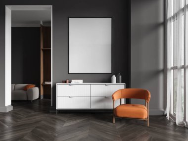 Modern beyaz bir dolabın üstündeki boş duvar posteri modeli, turuncu sandalye, karanlık duvarlar, ahşap döşeme, büyük pencere ve rahat iç mekan konsepti. 3B Hazırlama.