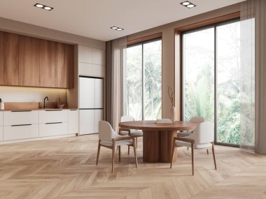 Çağdaş mutfak ve ahşap aksanlı yemek odası, ışık sembolü döşemesi, bereketli yeşilliği ortaya çıkaran büyük cam pencereler. 3B Hazırlama