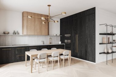 Minimalist mutfak, koyu ve açık ahşap dolaplar, mermer tezgah, ve parlak altın aksanlar, yemek alanı ve açık raflar. 3B Hazırlama.