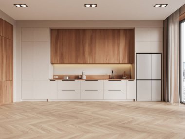 Hafif ahşap dolapları, beyaz duvarları, parke döşemeleri ve geniş pencereli doğal ışığı olan şık bir mutfak. Modern iç mekan kavramı. 3B Hazırlama.