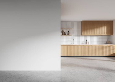 Modern mutfak içi ahşap dolaplar, beyaz fayanslı döşeme ve bitişik boş bir duvar. Parlak bir arka planda minimal tasarım. 3B Hazırlama.