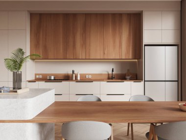 Minimalist mutfak, ahşap dolaplar, modern aletler ve açık renkli duvarlar. Ahşap bir yemek masası ve bitki dekoru samimi ortamı geliştirir. 3B Hazırlama.