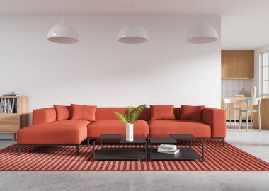 Kırmızı kanepeli oturma odası, çizgili halı, sehpa ve ahşap aksanlı. Parlak arka plan, modern ev dekorasyonu konsepti. 3B Hazırlama.