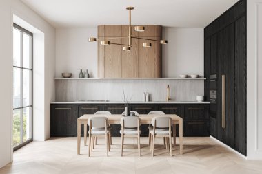 Ahşap yemek masası, sandalyeler, dolaplar, altın detaylar, büyük pencere, parlak tonlar, minimalist konsept, 3D