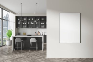 Modern mutfak iç tasarımı, açık renkli bir duvarda boş bir poster, karanlık dolaplar, bar tabureleri ve parlak bir pencere manzarası. Ev tasarımı kavramı. 3B Hazırlama.
