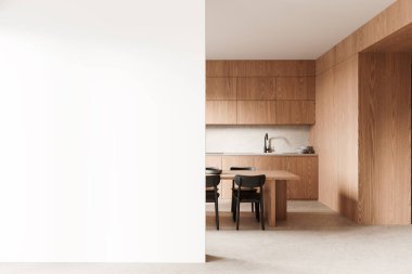 Modern mutfak, ahşap dolaplar, yemek masası, sandalyeler ve minimalist tasarım. Model veya şablon için boş duvar arkaplanı. 3B Hazırlama.