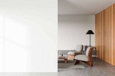 Minimalist oturma odası, boş beyaz bir duvar, modern mobilyalar, ahşap dekor ve yumuşak doğal ışıklandırma. İç mekan ve uzay tasarımı kavramı. 3B Hazırlama.