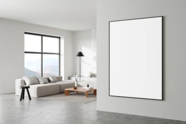 Modern oturma odasındaki duvarda kocaman boş bir poster var. İçinde rahat mobilyalar, hafif ışıklandırma ve panoramik pencere manzarası var. Şablon tasarımı kavramı. 3B Hazırlama.