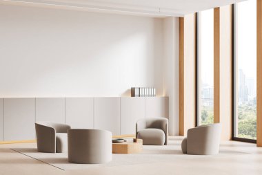 Bej koltuklu modern salon, yuvarlak ahşap masa, şehir manzaralı büyük pencere, tarafsız duvar, dahili depo. İç tasarım kavramı. 3B Hazırlama.