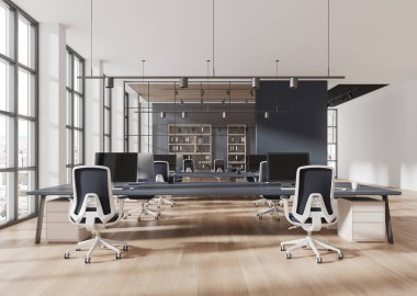 Geniş ofis içi masalar, sandalyeler ve modern ışıklandırma, geniş pencereler, açık ahşap döşemeler ve arka planda raflarla çevrili. 3B Hazırlama.