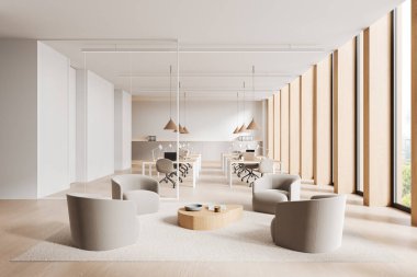 Bej renkli mobilyaları, ahşap aksanları, büyük cam pencereleri ve minimalist arka planda bol miktarda doğal ışığı olan şık bir açık alan ofisi. Modern tasarım konsepti. 3B Hazırlama.