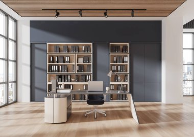 Pürüzsüz bir masa, modern bir sandalye ve parlak pencereli arka planı olan ahşap bir zemine kurulmuş kitaplıklardan oluşan çalışma alanı. Ofis kavramı. 3B Hazırlama.