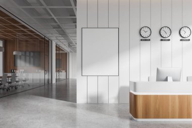 Modern ofis içinde, resepsiyon masasının yanında boş bir poster, yukarıdaki saatler ve cam konferans odası. Şirket tasarımı kavramı. 3B Hazırlama.