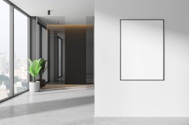 Beyaz duvarda dikey boş poster bilgisayarı, geniş pencereli modern iç mekan ve saksı bitkisi, düzen ya da model konsepti. 3B Hazırlama.
